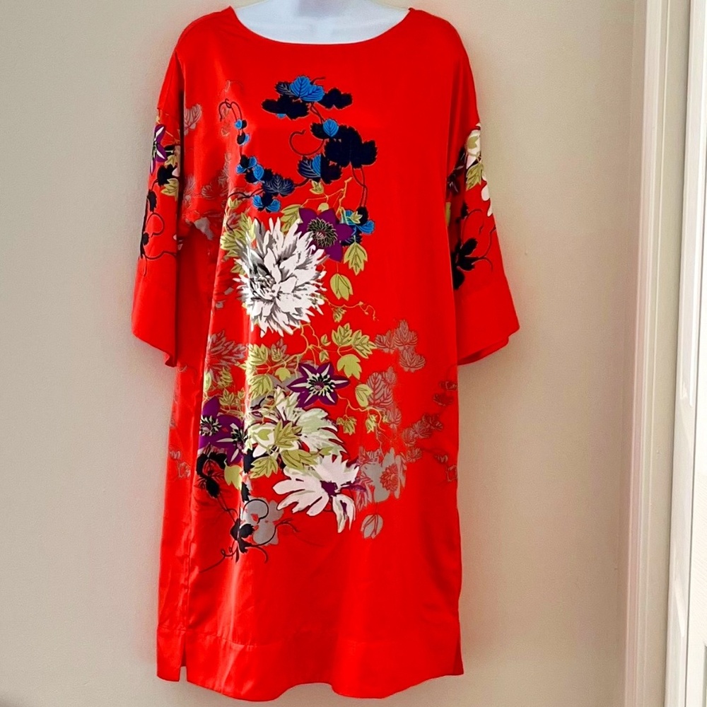 Soft Surroundings coral Asian inspired print dress, size small, like new!